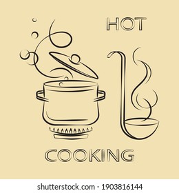 Boiling Saucepan On The Stove And A Ladle, Line Drawing Art, Abstract Poster, Vector Illustration. 