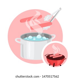 Boiling sausage in cooking pot. Making grill sausages on BBQ. Cook meat on barbeque. Isolated vector illustration in cartoon style