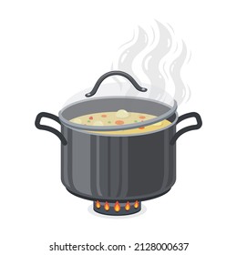 Boiling soup in pan with open lid. Vector illustration.