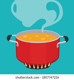 Sopa hirviendo en la sartén. Cocina roja en la cocina con agua y vapor. Elementos gráficos de diseño plano. Ilustración del vector