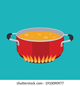 Boiling soup in pan. Red cooking pot on stove with water and steam. Flat design graphics elements. Vector illustration