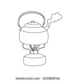 Boiling steaming kettle with water on the gas burner outline coloring page cartoon vector illustration