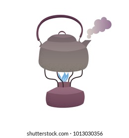 Boiling steaming metallic kettle with water on the gas burner cartoon vector illustration