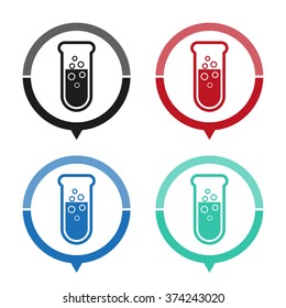 Boiling test tube - vector icon; map pointer;  message bubble