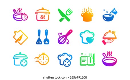 Boiling time, Frying pan and Kitchen utensils. Cooking icons. Fork, spoon and knife icons. Recipe book, chef hat and cutting board. Classic set. Gradient patterns. Quality signs set. Vector