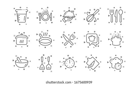 Tiempo de ebullición, sartén y utensilios de cocina. Iconos de línea de cocina. Iconos de la horquilla, cuchara y línea de cuchillo. Libro de recetas, sombrero de chef y tabla de corte. Conjunto lineal. Elementos geométricos. Señales de calidad. Vector