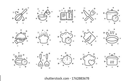 Boiling time, Frying pan and Kitchen utensils. Cooking line icons. Fork, spoon and knife line icons. Recipe book, chef hat and cutting board. Linear set. Geometric elements. Quality signs set. Vector