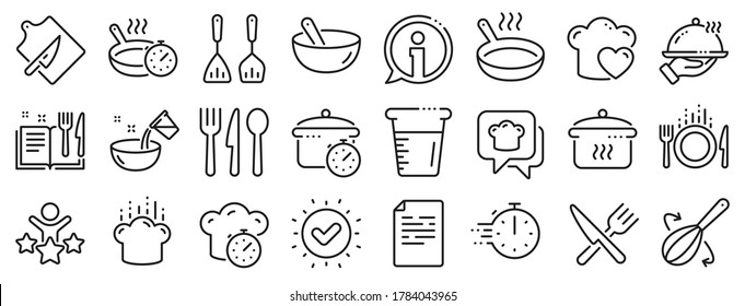 Boiling time, Frying pan and Kitchen utensils. Cooking line icons. Fork, spoon and knife line icons. Recipe book, chef hat and cutting board. Cooking book, frying time, hot pan. Vector