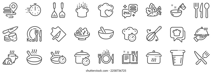 Tiempo de ebullición, sartén y utensilios de cocina. Iconos de línea de cocina. Iconos de la horquilla, cuchara y línea de cuchillo. Libro de recetas, sombrero de chef y tabla de cortar. Libro de cocina, tiempo de fritura, sartén caliente. Vector