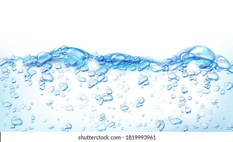 Boiling water, abstract background with air bubbles on liquid surface, dynamic motion, transparent aqua, randomly moving seether or fizzing, template for advertising, Realistic 3d vector illustration