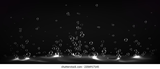 Boiling water, abstract background with air bubbles on liquid surface, dynamic motion, transparent aqua, randomly moving seether or fizzing, template for advertising, Realistic 3d vector illustration