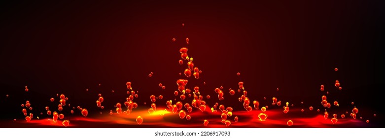 Boiling water, abstract background with red bubbles flying up from glowing liquid surface, dynamic motion. Hell lava, aqua, random moving seether or fizzing, Realistic 3d vector illustration, template