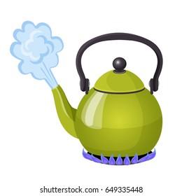 Boiling water in aluminium kettle on gas flame realistic vector illustration