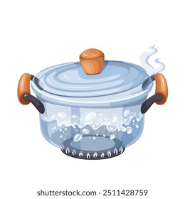 Agua hirviendo en una olla de dibujos animados en el fuego de la estufa de gas. Cacerola de vidrio transparente con tapa para hervir el agua con vapor. Hacer sopa o pasta, proceso de cocción mascota, Ilustración vectorial de utensilios de cocina de dibujos animados