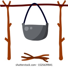 Boiling water and food preparation in camp. Cartoon flat illustration. Cooking in the campaign. Campfire with pot. Fire with branches