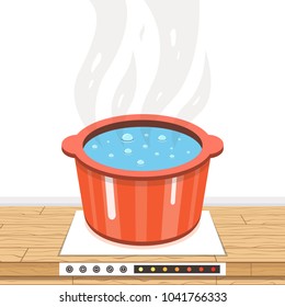 Boiling water in pan. Cooking pot on stove with water and steam. Vector illustration.