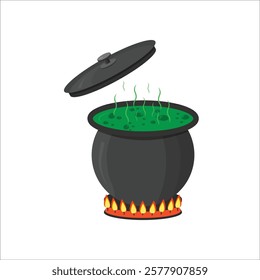 Boiling water in a pan, Cooking pot on the stove with water, steam, fire, Vector illustration