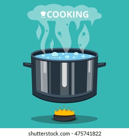 Boiling water in pan. Cooking pot on stove with water and steam. Flat vector illustration.