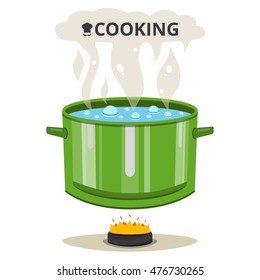 Boiling water in pan. Cooking pot on stove with water and steam. Flat vector illustration.