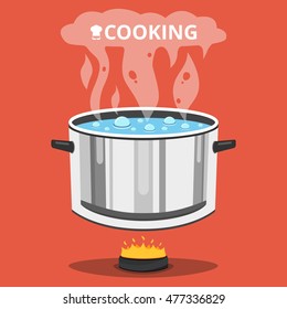 Boiling water in pan. Cooking pot on stove with water and steam. Flat vector illustration.