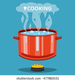 Boiling water in pan. Cooking pot on stove with water and steam. Flat vector illustration.