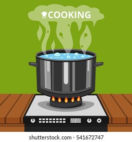 Boiling water in pan. Cooking pot on stove with water and steam. Flat vector illustration.