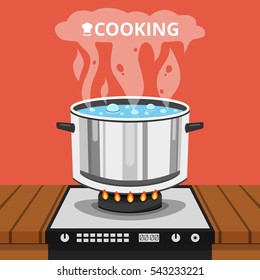 Boiling Water In Pan Red Cooking Pot On Stove With Water And Steam