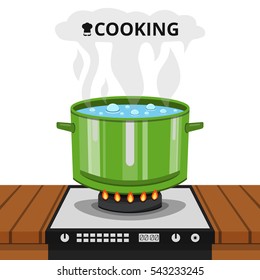 Boiling water in pan. Cooking pot on stove with water and steam. Flat vector illustration.