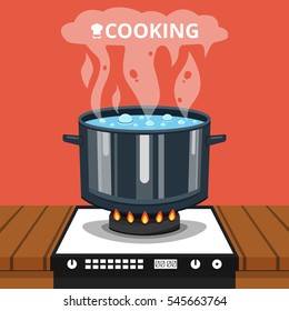 Boiling water in pan. Cooking pot on stove with water and steam. Flat vector illustration.
