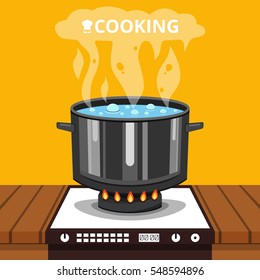 Boiling water in pan. Cooking pot on stove with water and steam. Flat vector illustration.