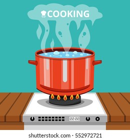 Boiling water in pan. Cooking pot on stove with water and steam. Flat vector illustration.