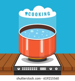 Boiling water in pan. Cooking pot on stove with water and steam. Flat vector illustration.