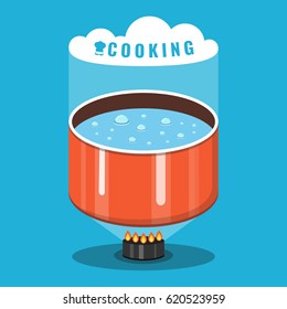 Boiling water in pan. Cooking pot on stove with water and steam. Flat vector illustration.