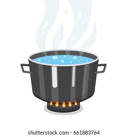 Boiling water in pan. Cooking pot on stove with water and steam. Flat cartoon style. Vector illustration.