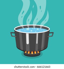 Boiling Water In Pan. Cooking Pot On Stove With Water And Steam. Flat Cartoon Style. Vector Illustration.