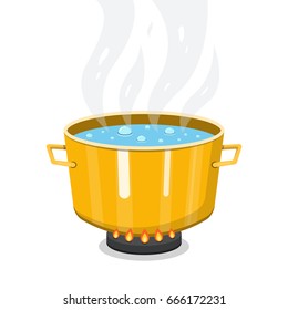 Boiling water in pan. Cooking pot on stove with water and steam. Flat cartoon style. Vector illustration.