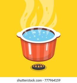 Boiling water in pan. Cooking pot on stove with water and steam. Vector illustration.