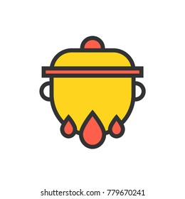 Boiling water in pan. Cooking pot on stove with water and steam. Vector illustration.