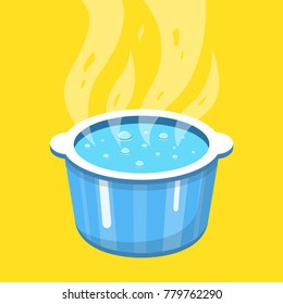 Boiling water in pan. Cooking pot on stove with water and steam. Vector illustration.