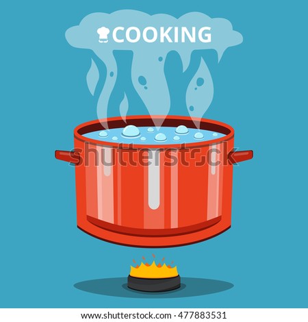 Boiling water in pan. Cooking pot on stove with water and steam. Flat vector illustration.