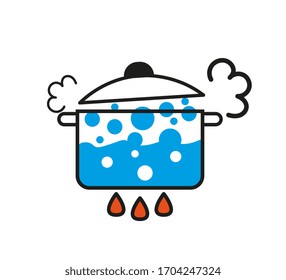 Boiling water in pan icon, boiling water on gas burner symbol, logo illustration. vector  