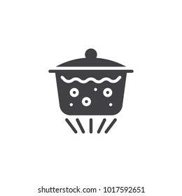 Boiling water in pan icon vector, filled flat sign, solid pictogram isolated on white. Saucepan with lid and boiling water on gas burner symbol, logo illustration.