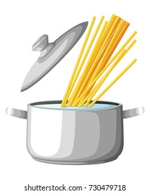 Boiling water in pan. iron cooking pot on stove with water and steam. Flat design graphics elements. Vector illustration. Web site page and mobile app design spaghetti