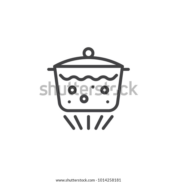 鍋の線に水を入れたアイコン 輪郭のベクター画像記号 白い背景に線形の絵文字 ガスバーナーのシンボルに蓋とゆで水を付けた鍋 ロゴイラスト 編集可能なストローク のベクター画像素材 ロイヤリティフリー