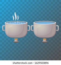 Boiling water in pan or pot. Shiny Metallic  cooking pan on stove with boiled water and steam isolated on transparent background. Cooking pan set. Cooking class logo or icon set