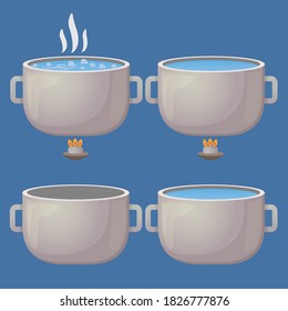 Boiling water in pan or pot. Shiny Metallic  cooking pan on stove with boiled water and steam isolated on blue background. Cooking pan set. Cooking class logo or icon set