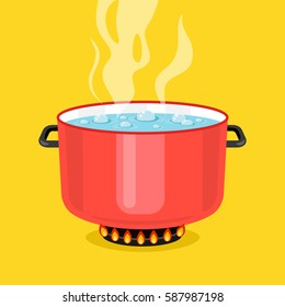 Boiling water in pan. Red cooking pot on stove with water and steam. Flat design graphic elements. Vector illustration