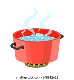 Boiling water in pan Red cooking pot on stove with water and steam Flat design vector.
