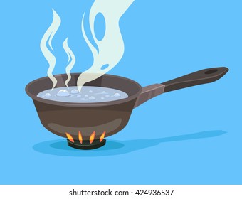 Boiling water in pan. Vector flat cartoon illustration