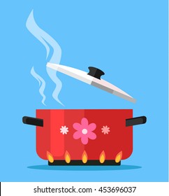 Premium Vector  Boiling water in red pot cooking pan on stove with water  and steam vector illustration